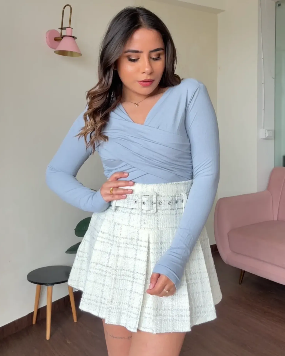 Tweed Checker Pleated Skirt With Belt