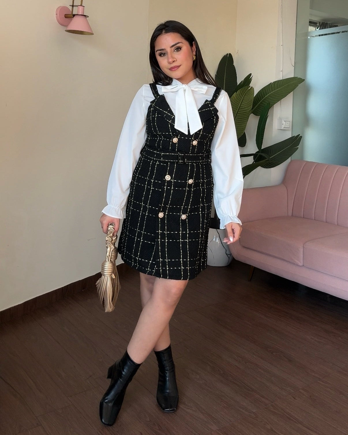Tweed Golden Button Dress With Blouse