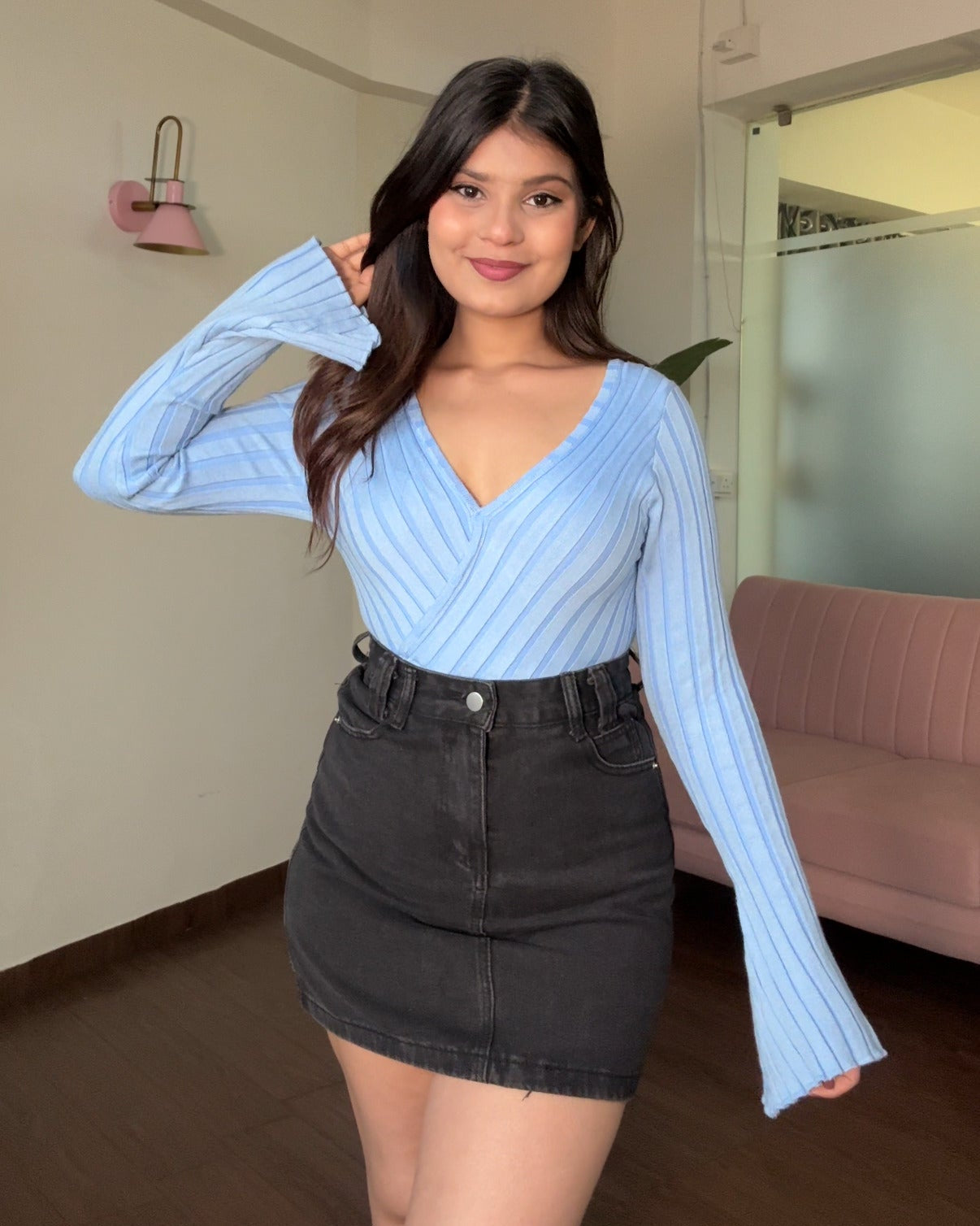 V Neck Bell Sleeve Knitted Top