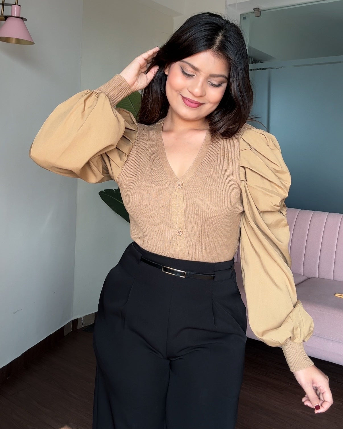 V Neck Button Up Puff Sleeves Top