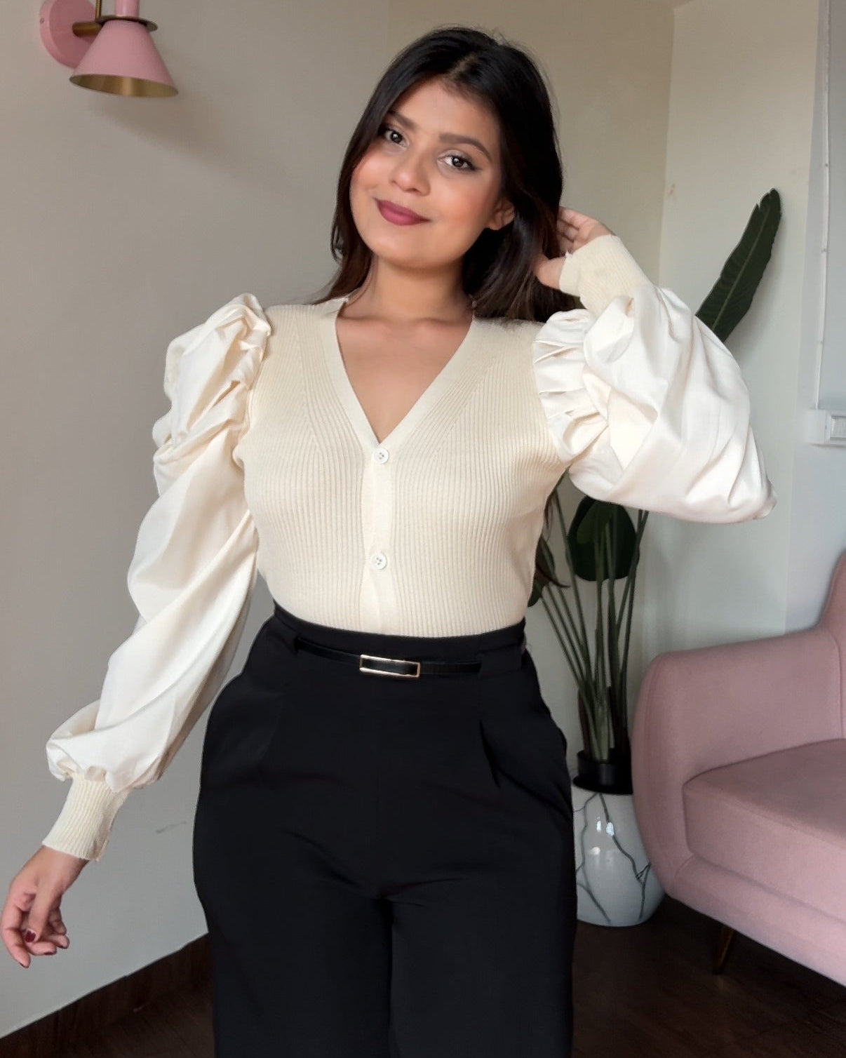 V Neck Button Up Puff Sleeves Top