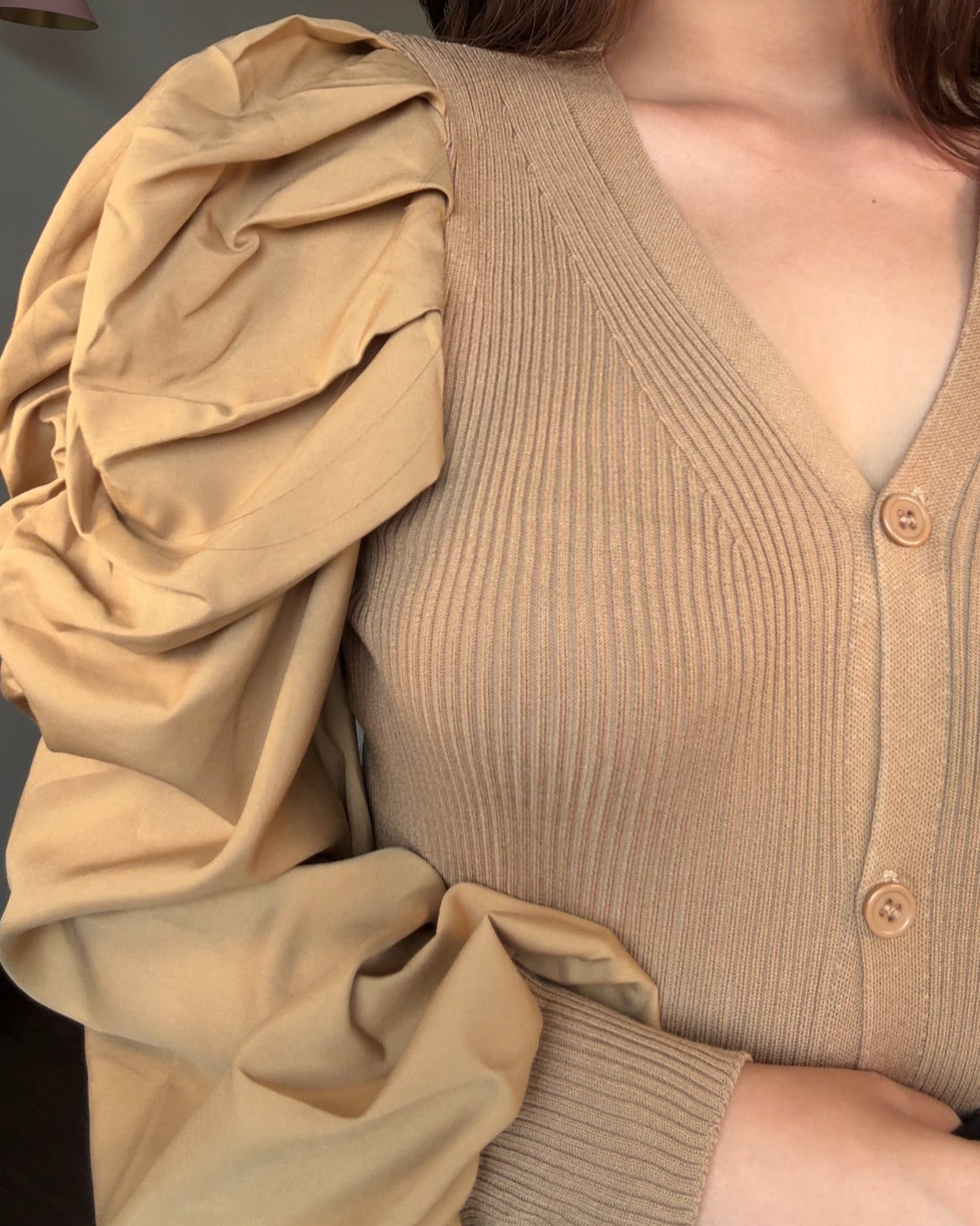 V Neck Button Up Puff Sleeves Top