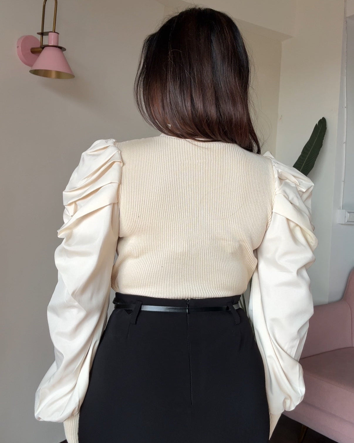 V Neck Button Up Puff Sleeves Top