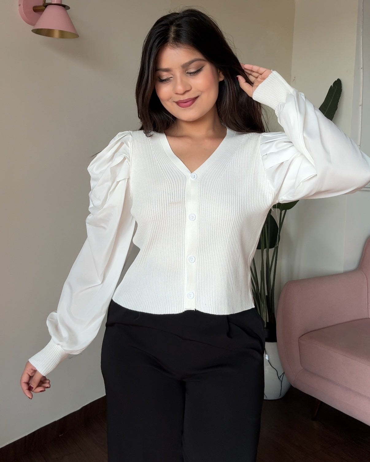 V Neck Button Up Puff Sleeves Top