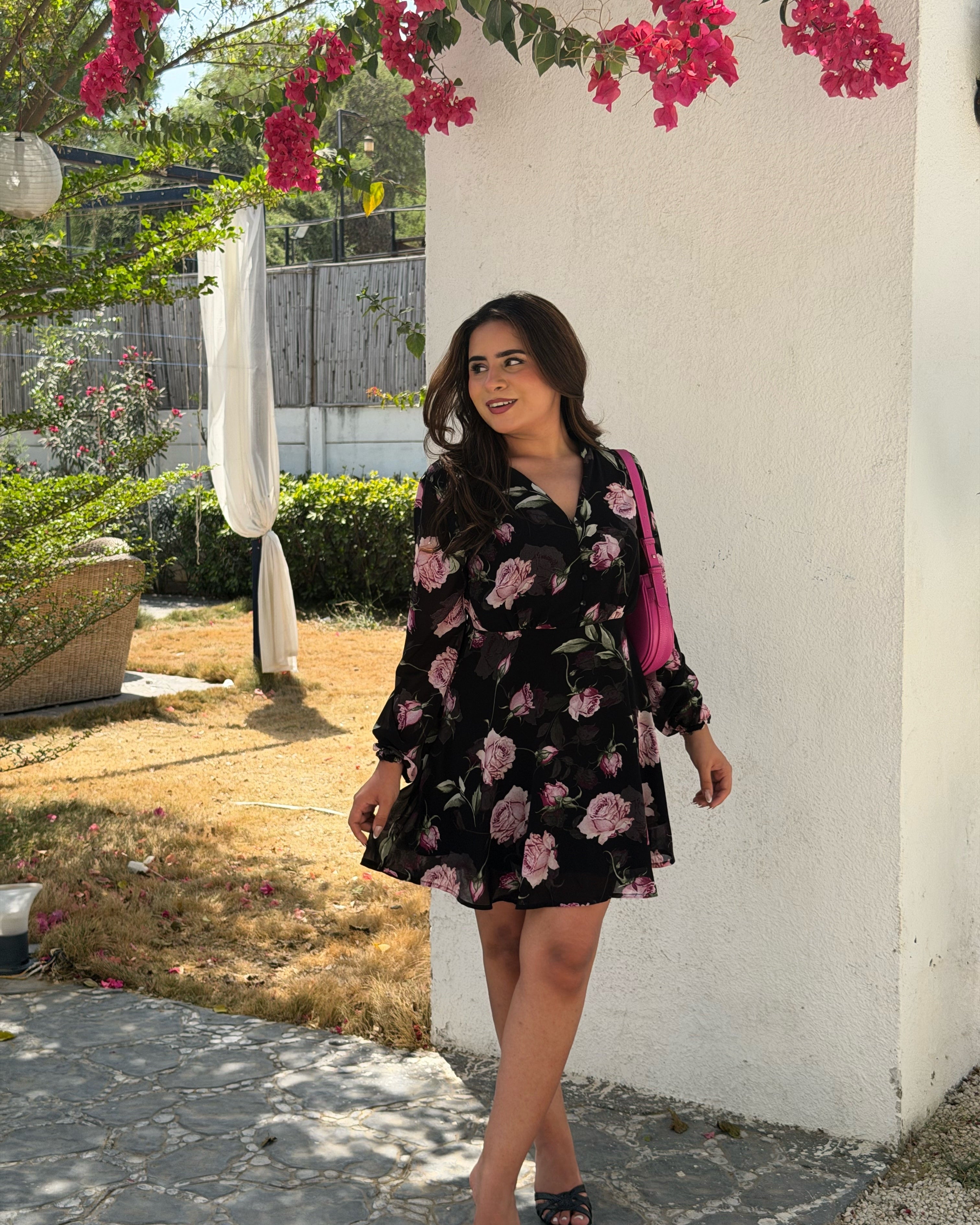 V Neck Floral Chiffon Mini Dress