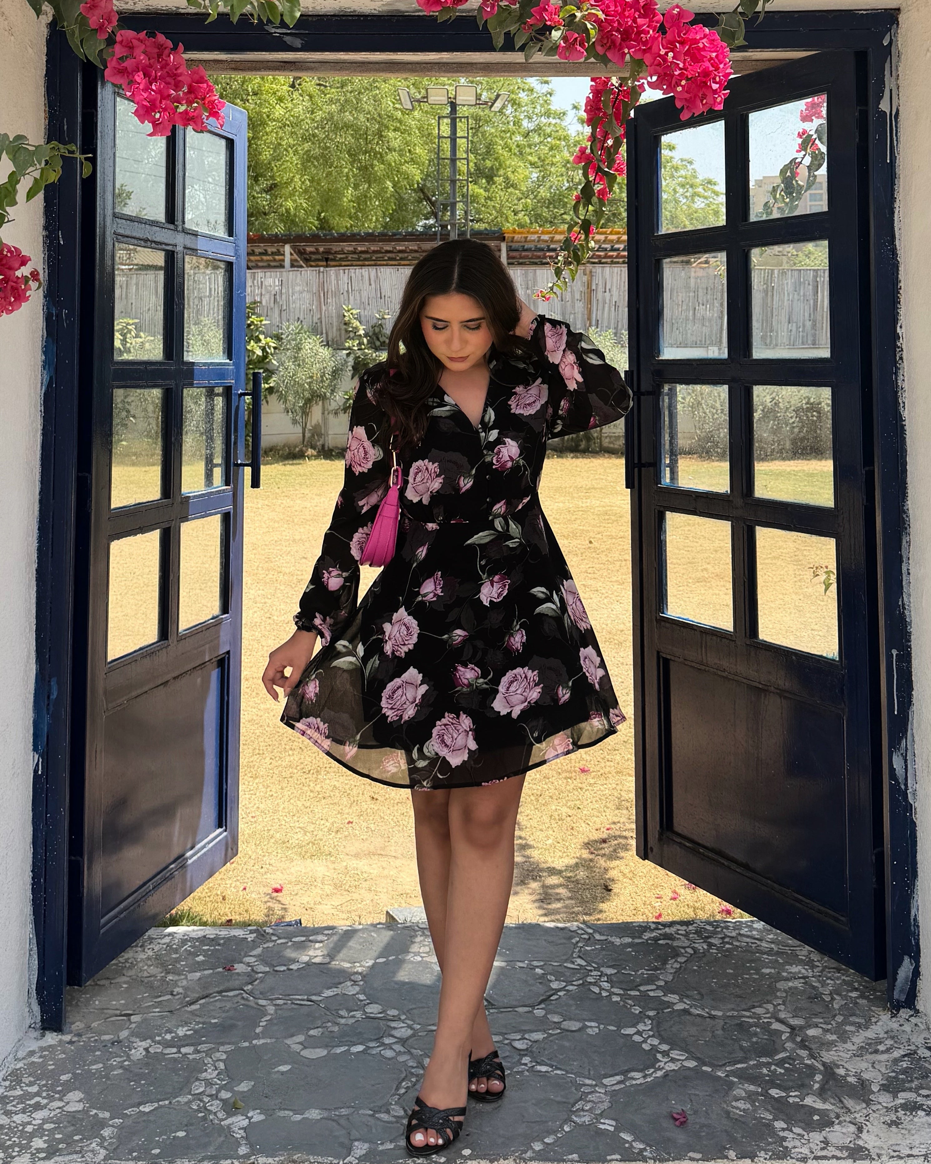 V Neck Floral Chiffon Mini Dress