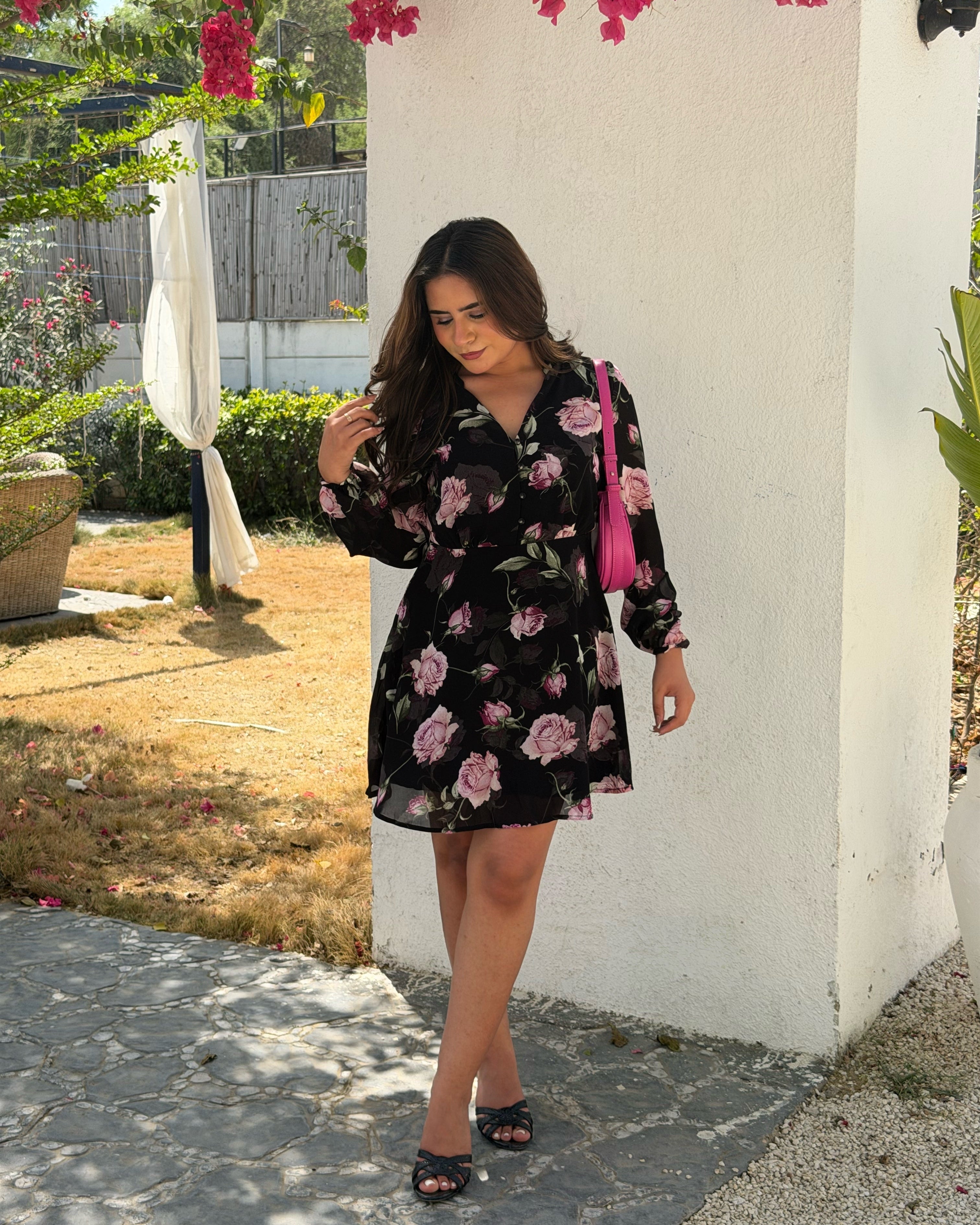 V Neck Floral Chiffon Mini Dress
