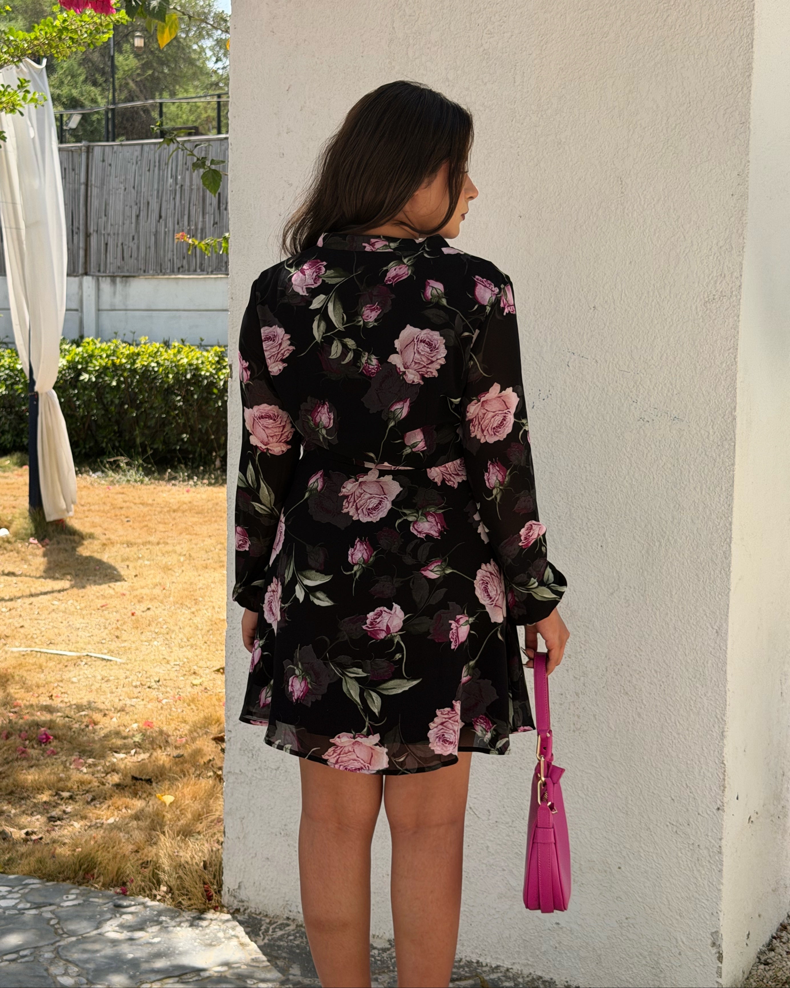V Neck Floral Chiffon Mini Dress