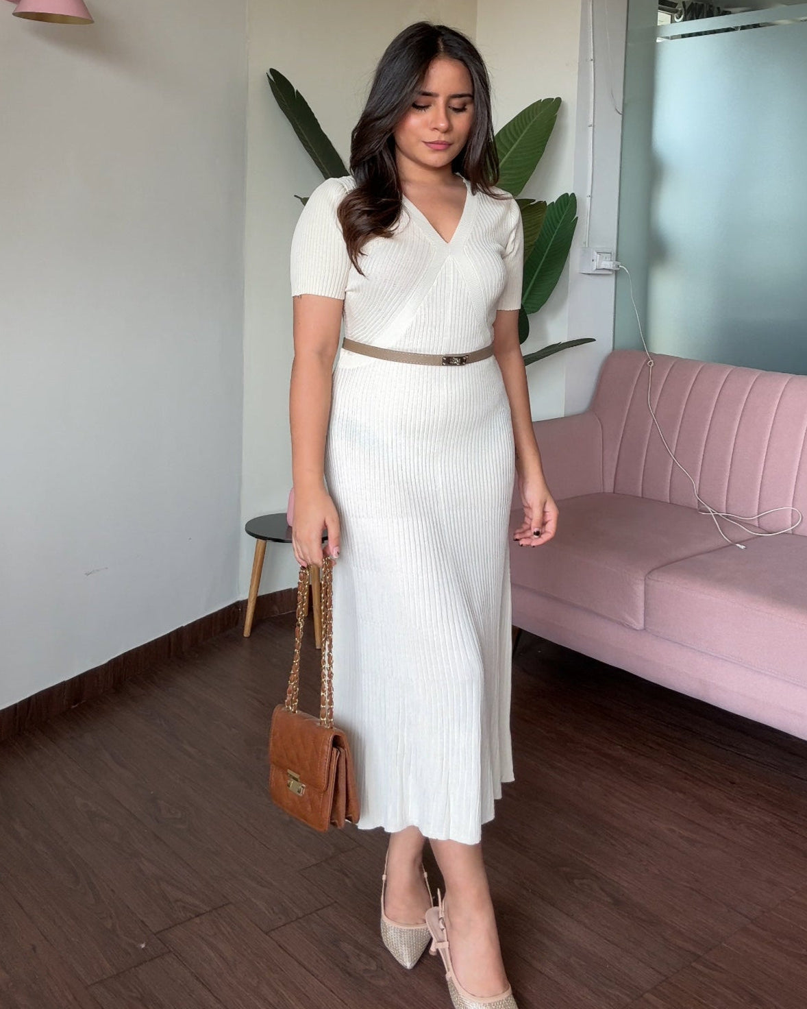 V Neck Knitted Dress With Belt