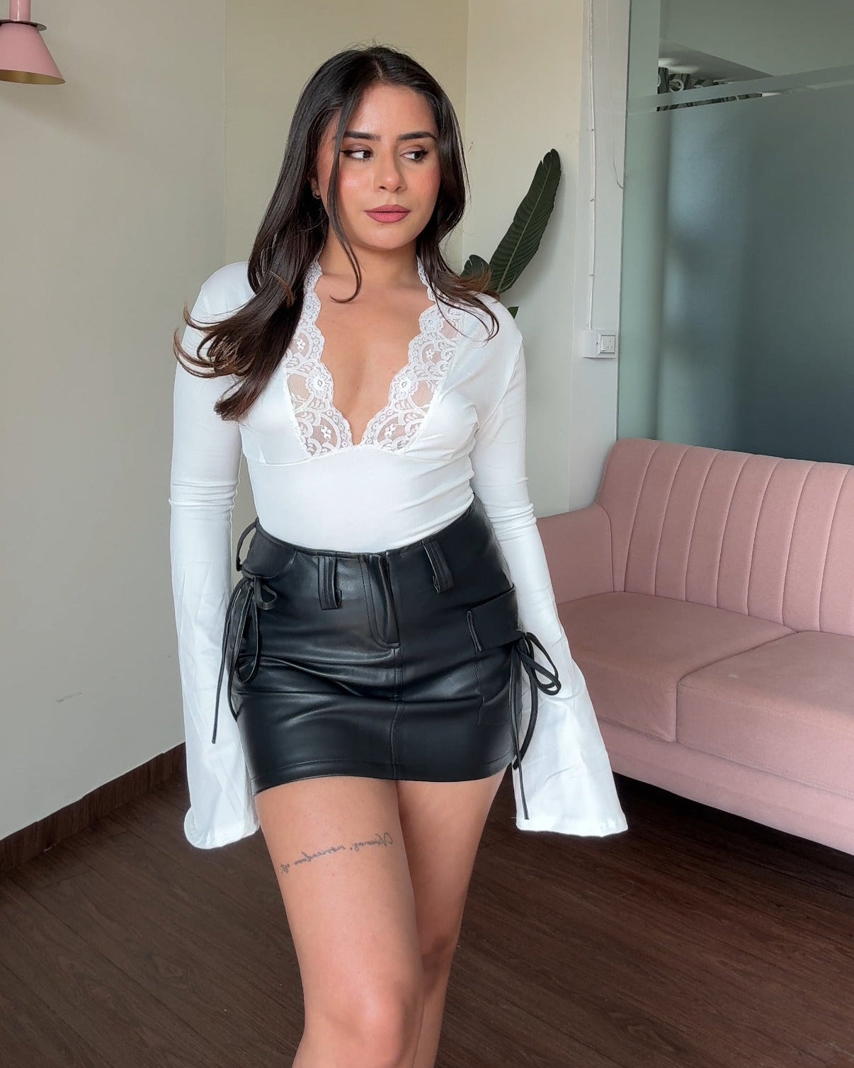 V Neck Lacy Flared Sleeve Fitted Top