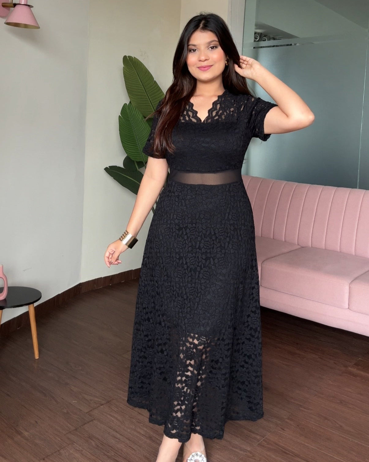 V Neck Mesh Cut Out Lacy Dress