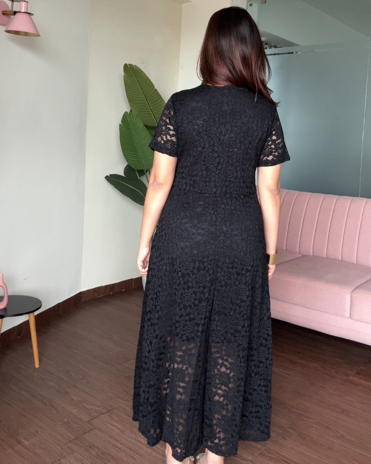 V Neck Mesh Cut Out Lacy Dress