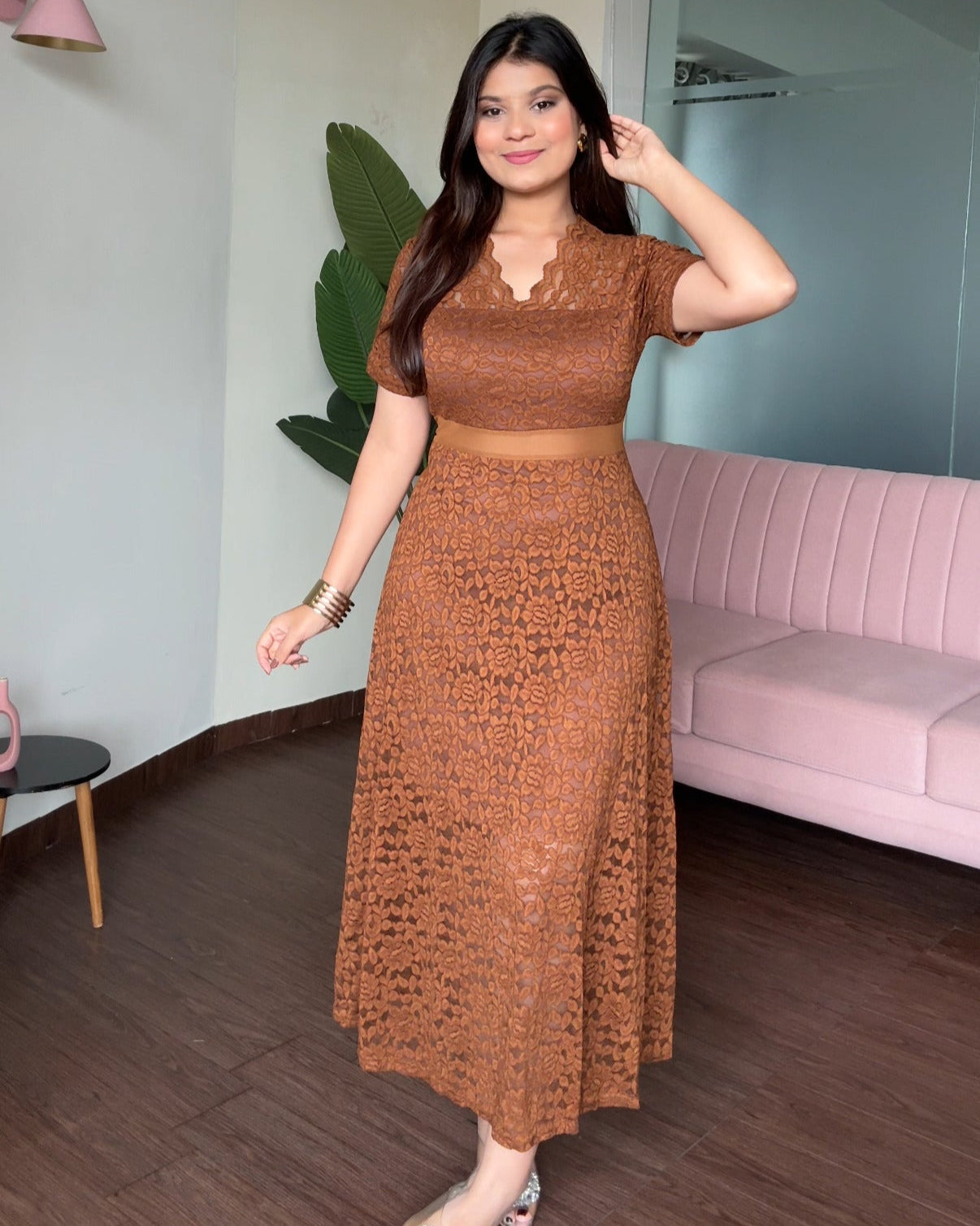 V Neck Mesh Cut Out Lacy Dress