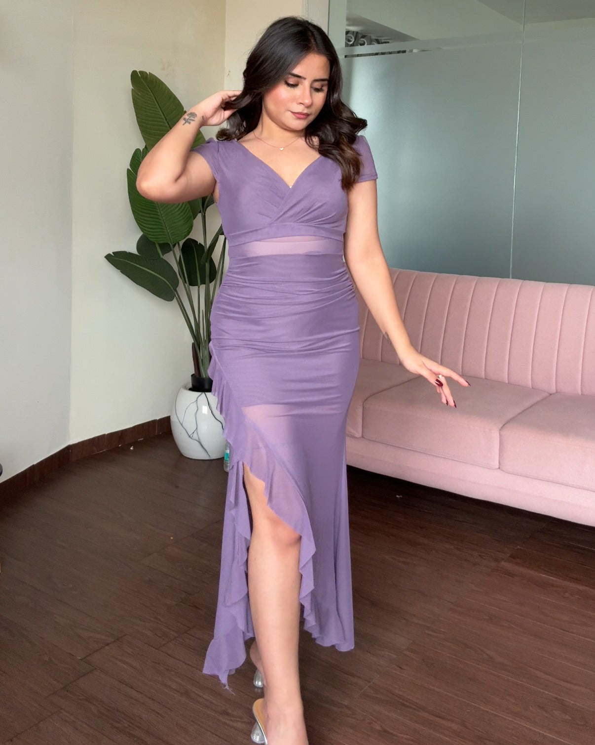 V Neck Mesh Cut Out Ruffle Slit Dress