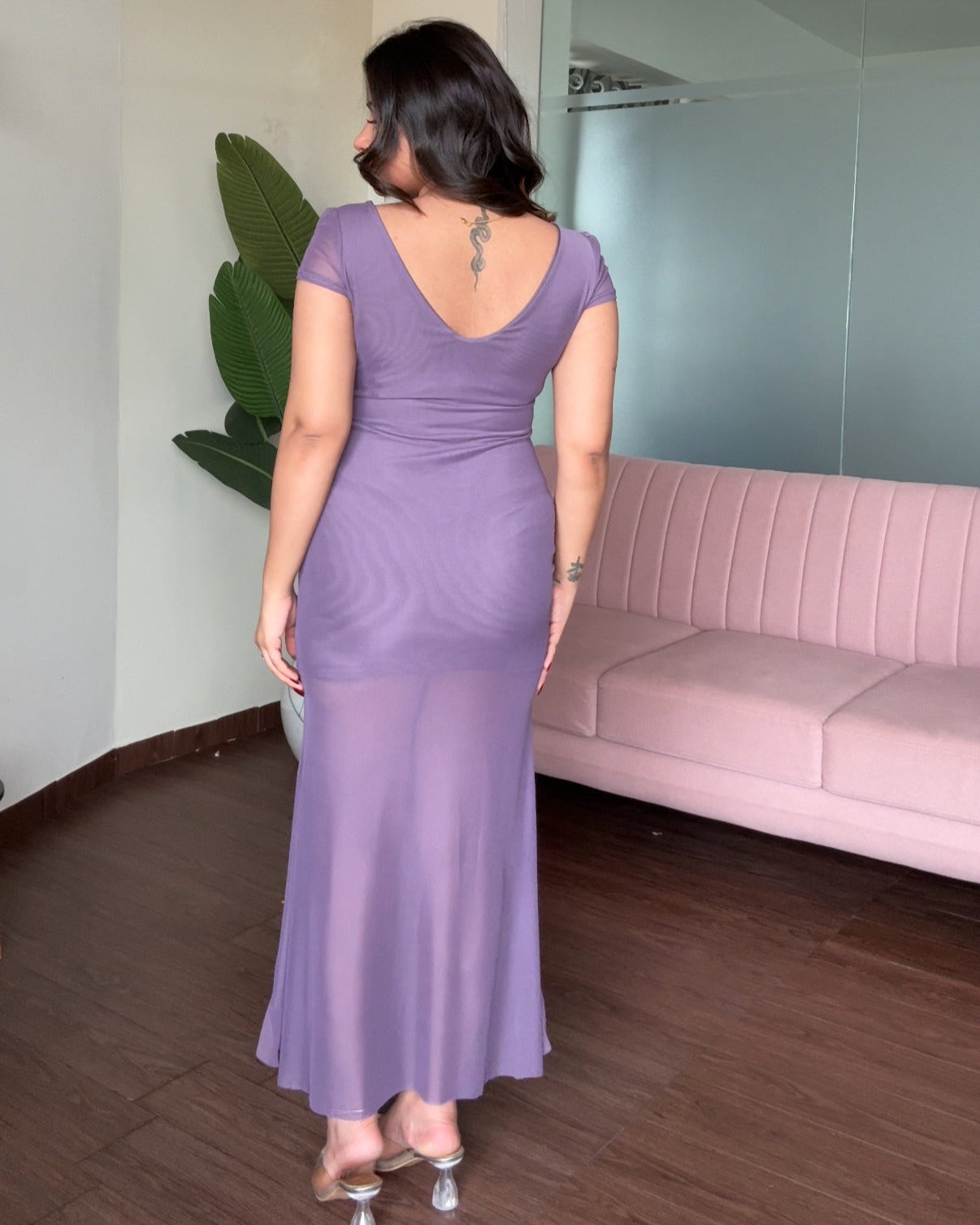 V Neck Mesh Cut Out Ruffle Slit Dress