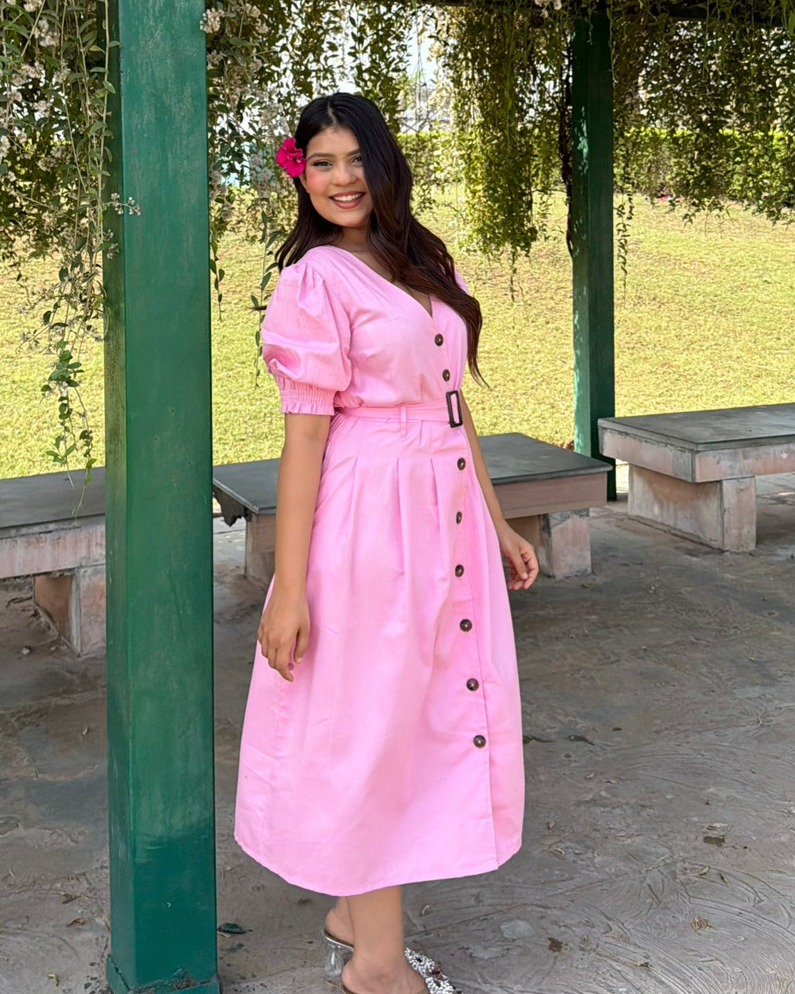 V Neck Puff Sleeve Belted Summer Dress