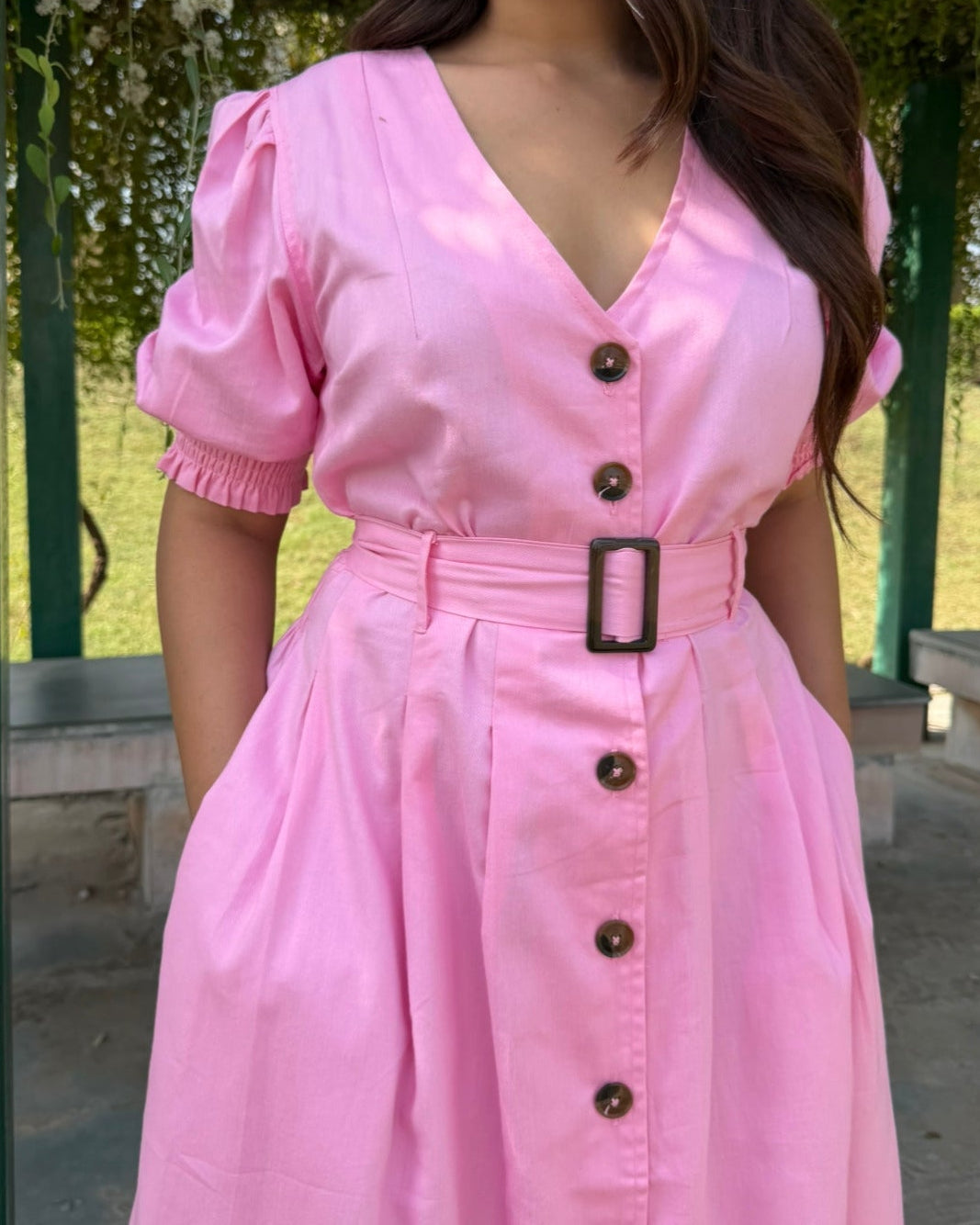 V Neck Puff Sleeve Belted Summer Dress