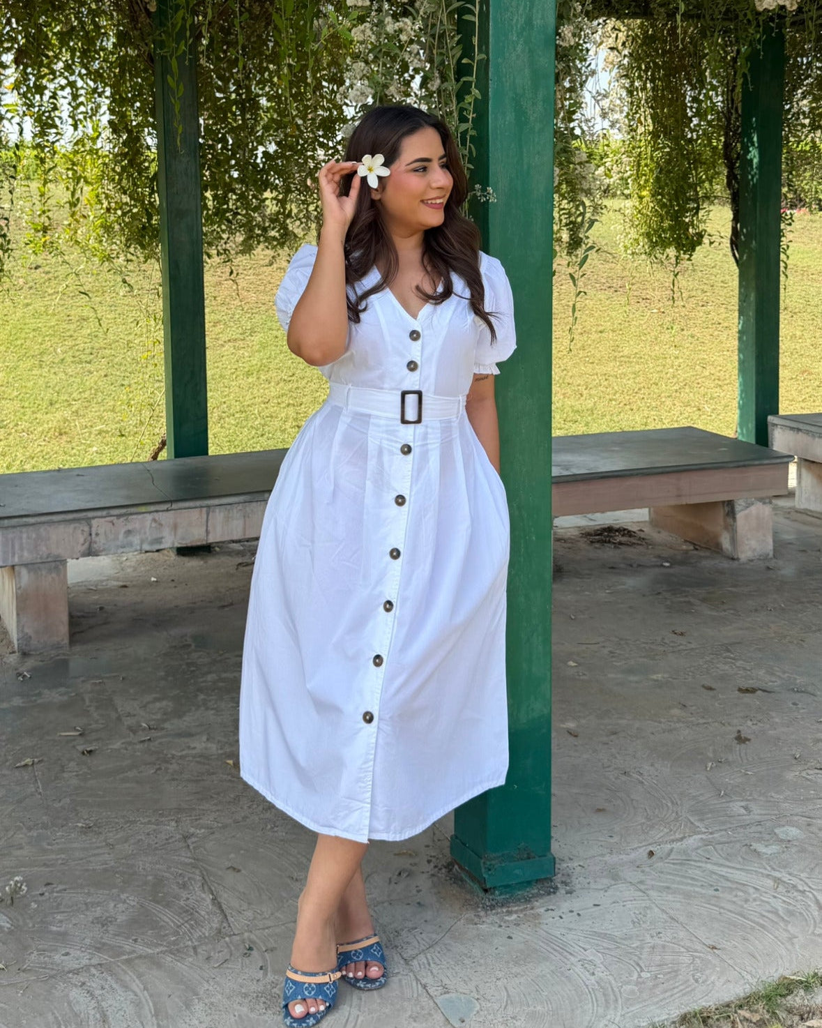 V Neck Puff Sleeve Belted Summer Dress