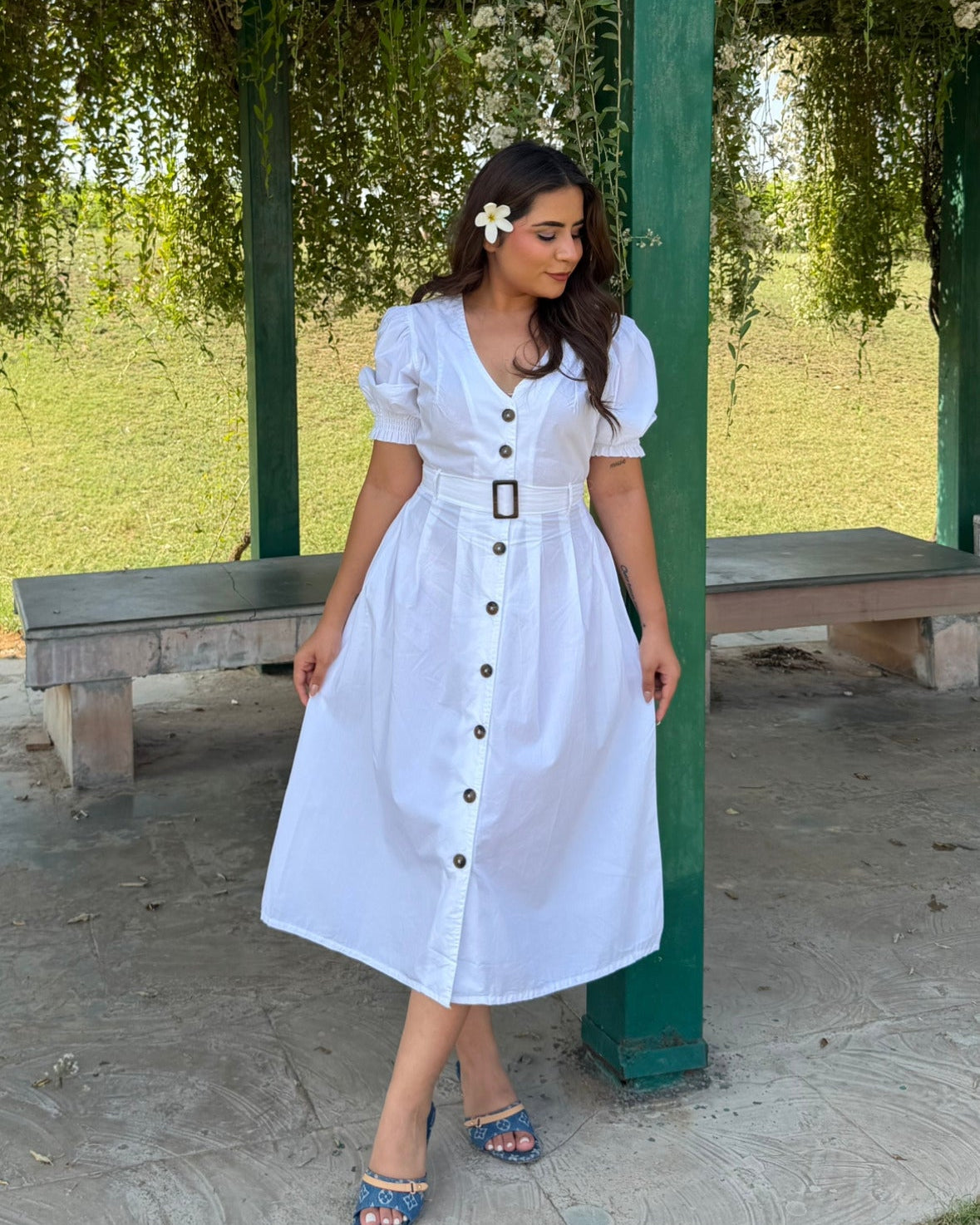 V Neck Puff Sleeve Belted Summer Dress