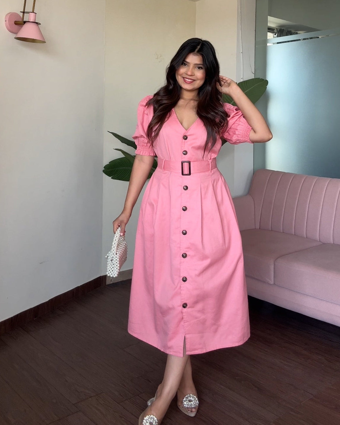 V Neck Puff Sleeve Belted Summer Dress