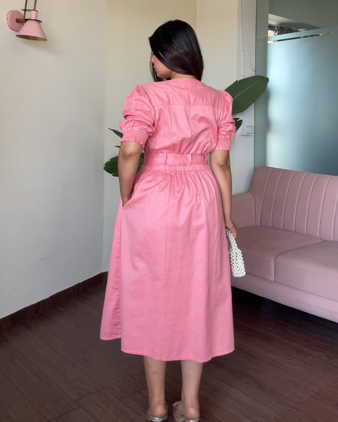 V Neck Puff Sleeve Belted Summer Dress