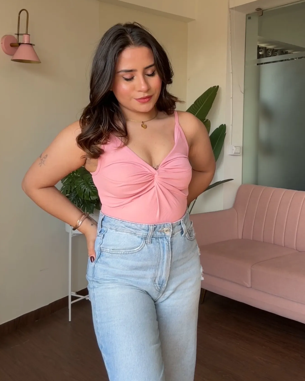 V Neck Ruched Fitted Cami Top
