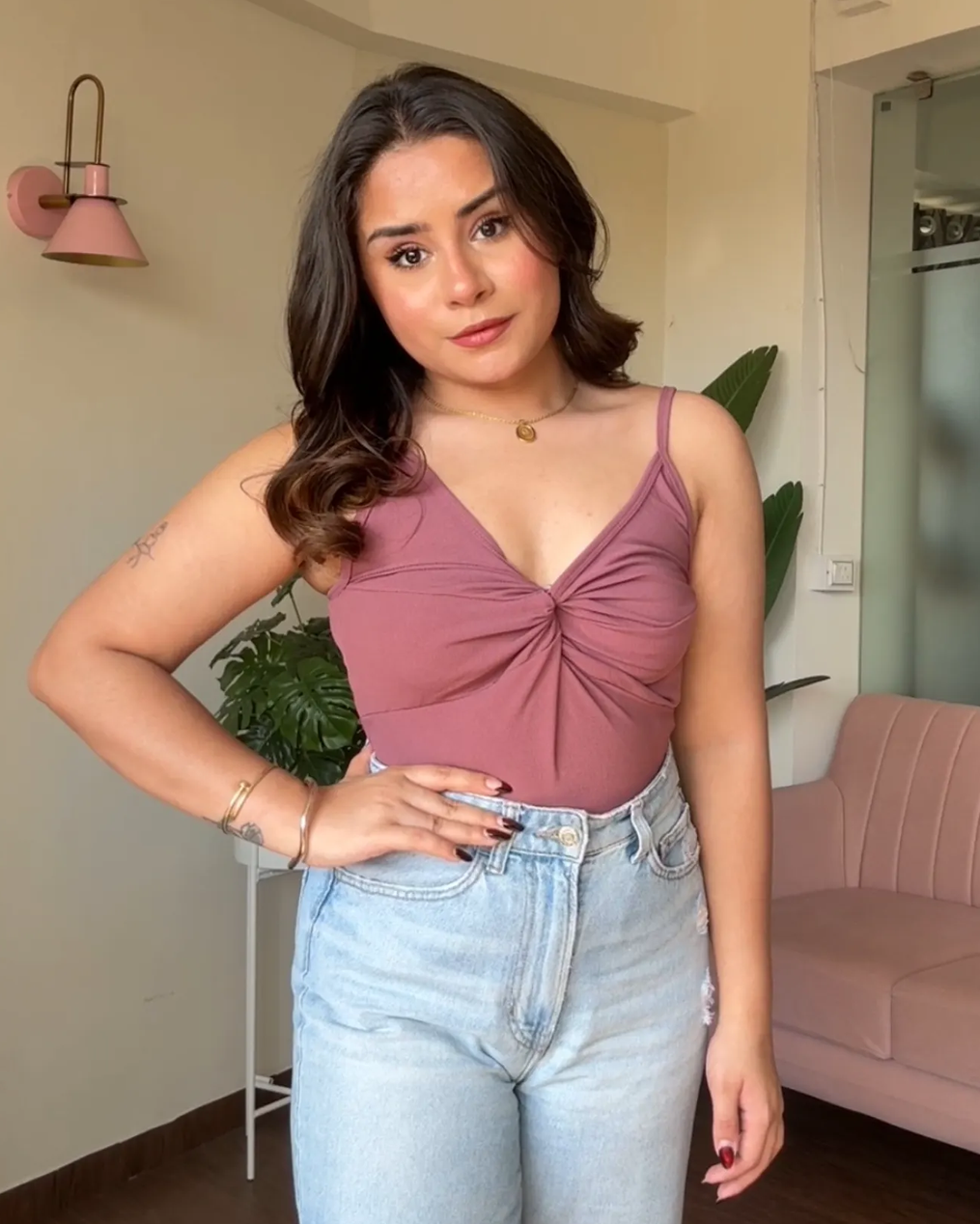 V Neck Ruched Fitted Cami Top