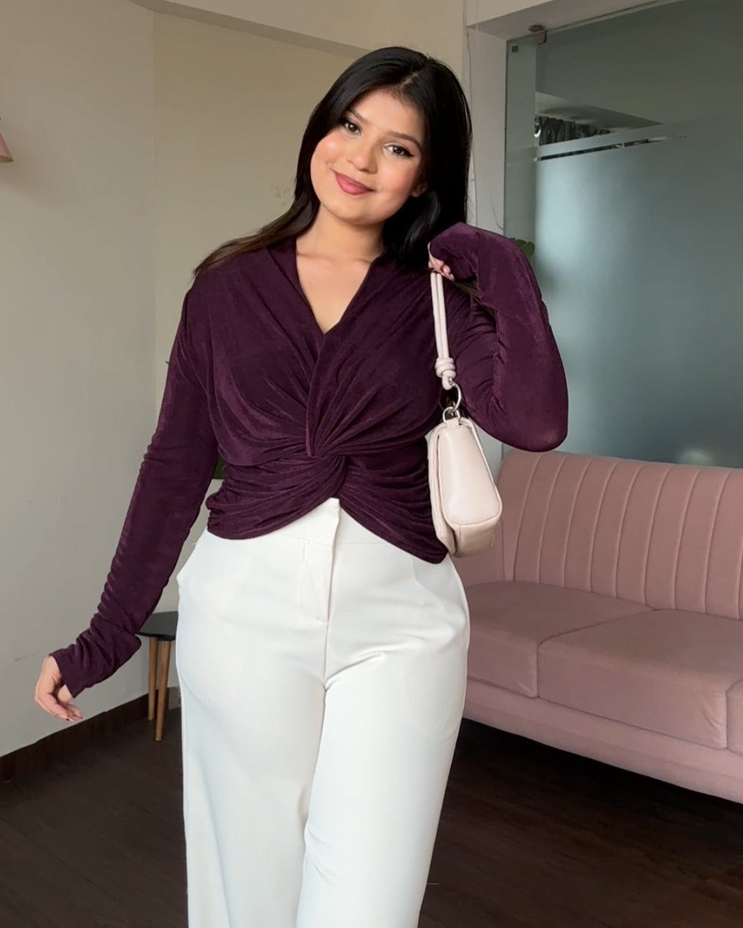 V Neck Ruched Knot Detailing Full Sleeve Top