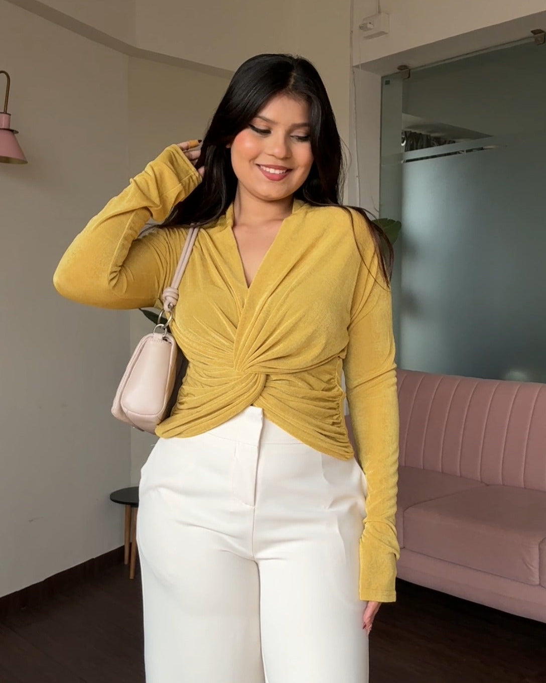 V Neck Ruched Knot Detailing Full Sleeve Top