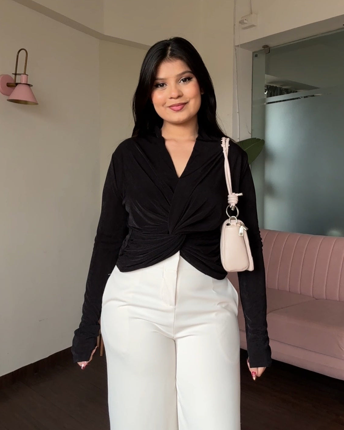 V Neck Ruched Knot Detailing Full Sleeve Top