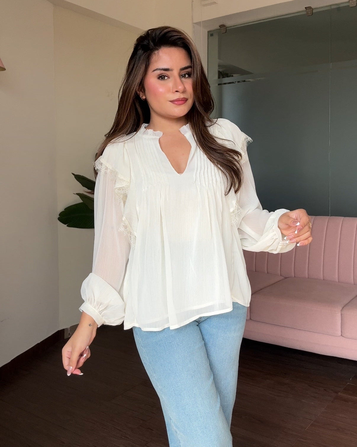 V Neck Ruffle Detailing Chiffon Blouse