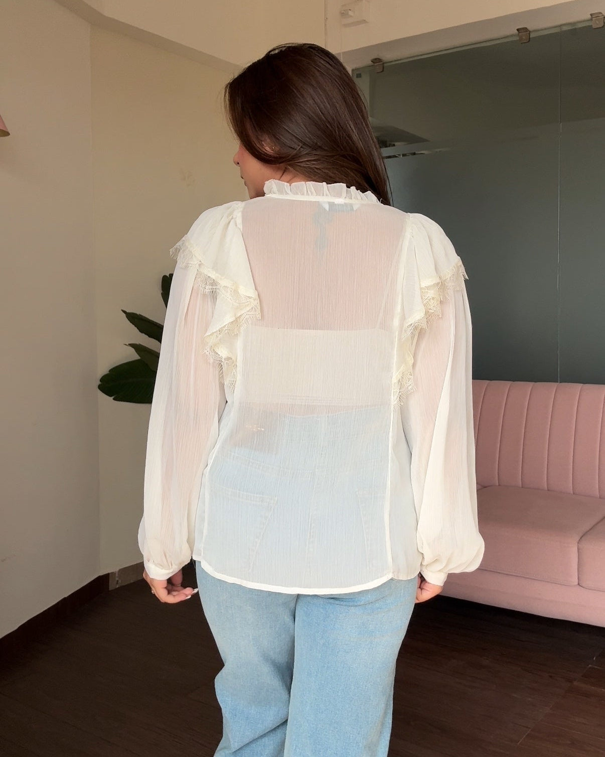 V Neck Ruffle Detailing Chiffon Blouse