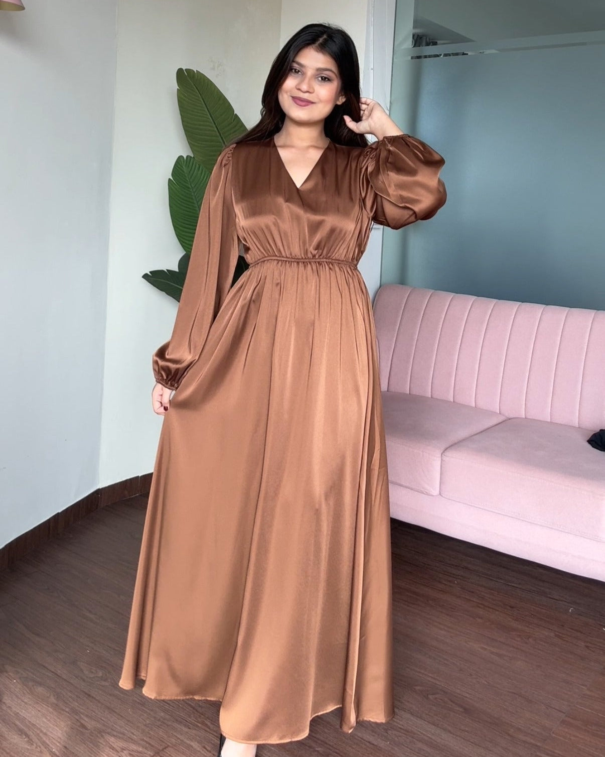 V Neck Satin Maxi Dress