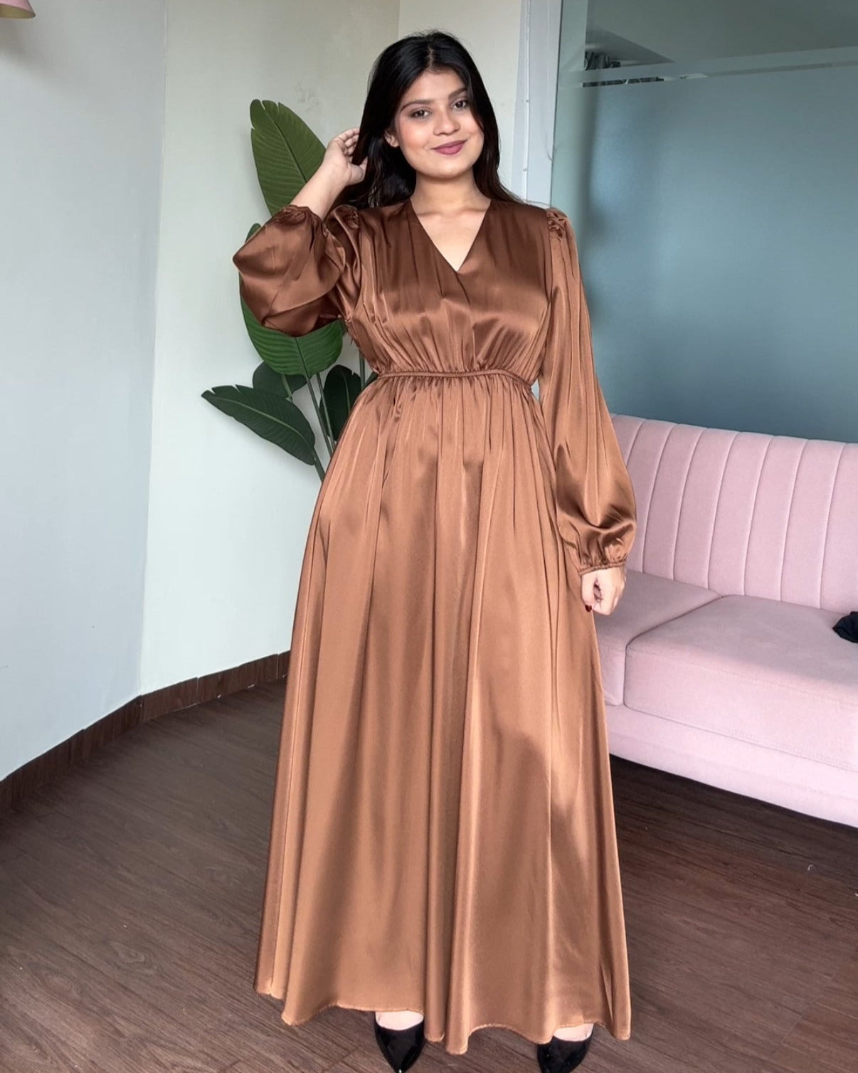 V Neck Satin Maxi Dress