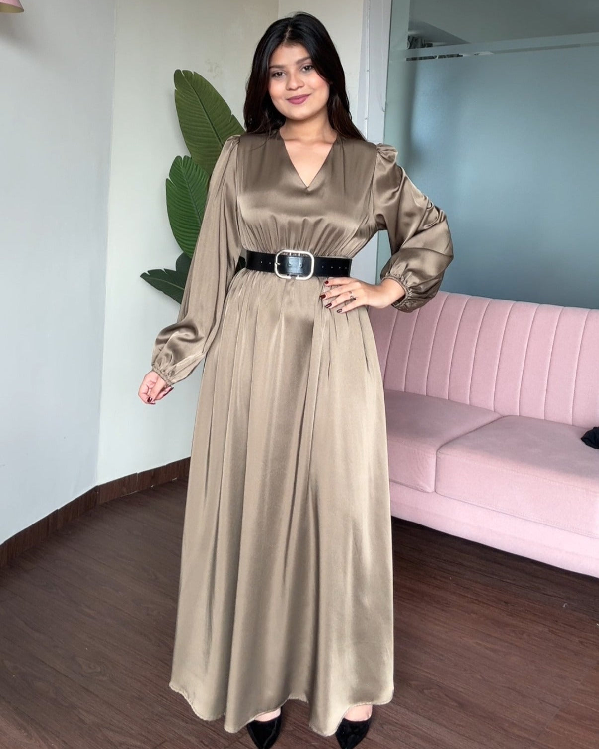 V Neck Satin Maxi Dress