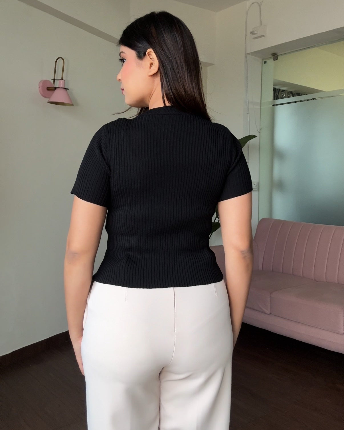 V Neck Textured Detailing Full Sleeve Fitted Top