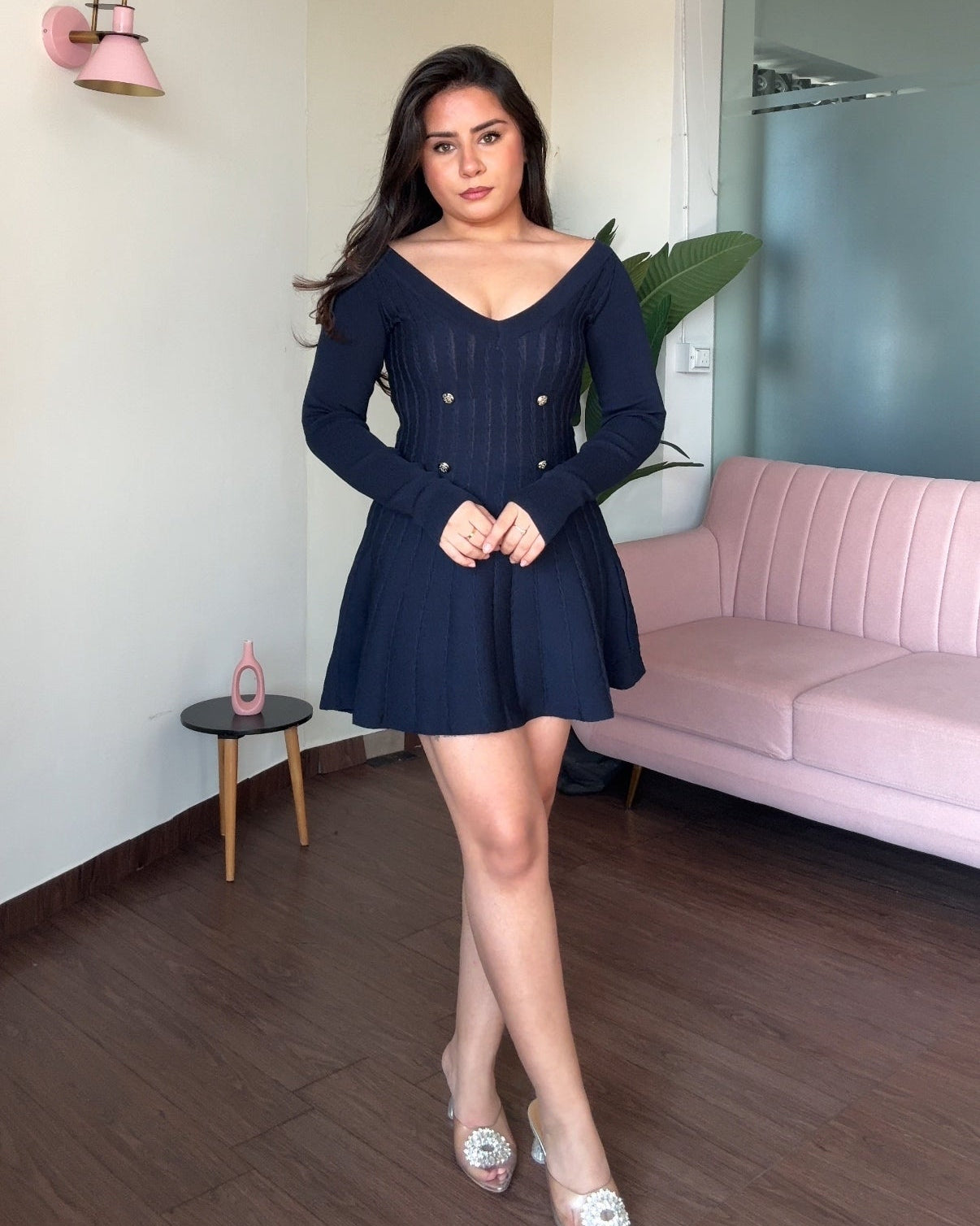 V Neck Textured Fit And Flared Silver Button Full Sleeves Dress