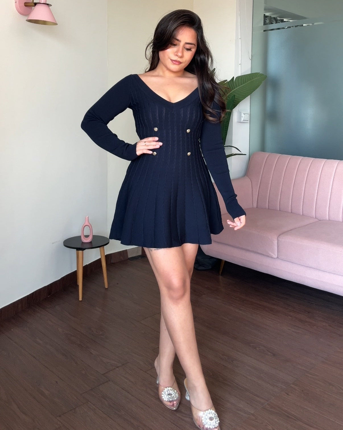 V Neck Textured Fit And Flared Silver Button Full Sleeves Dress