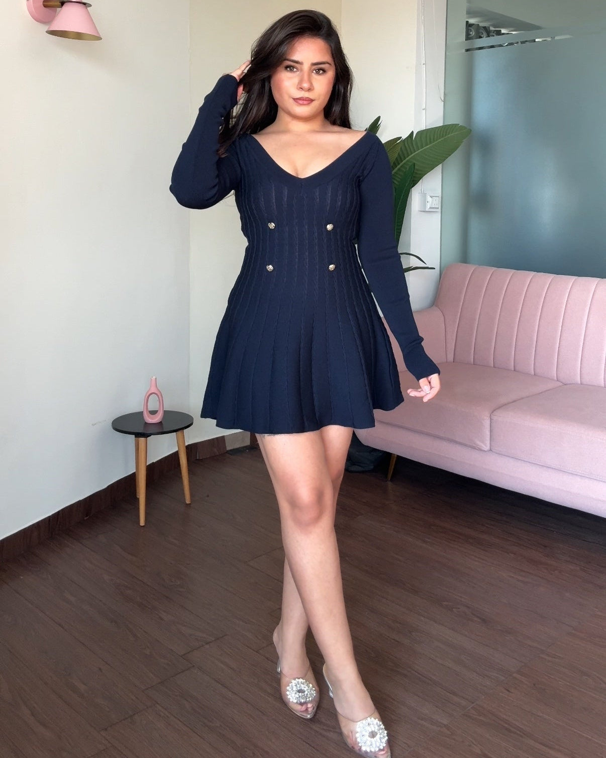 V Neck Textured Fit And Flared Silver Button Full Sleeves Dress