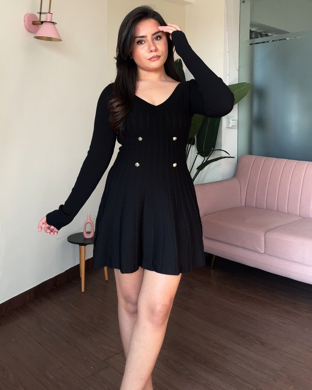 V Neck Textured Fit And Flared Silver Button Full Sleeves Dress