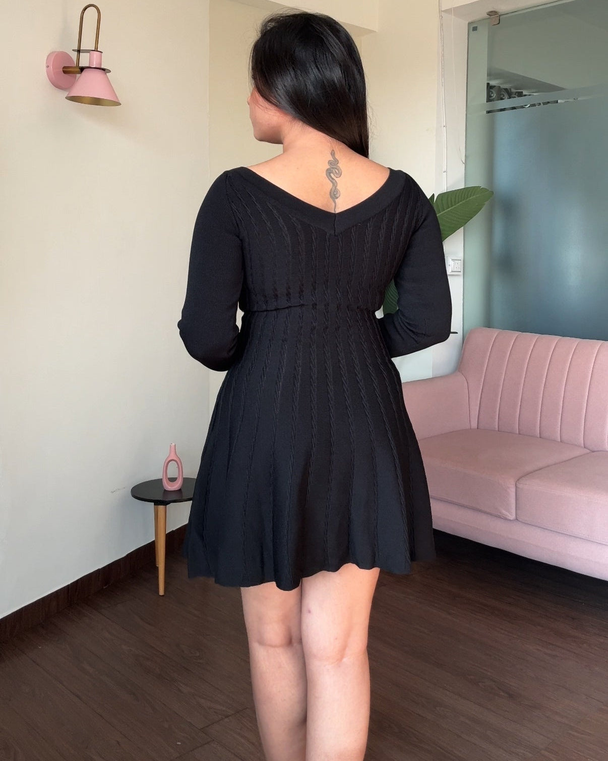 V Neck Textured Fit And Flared Silver Button Full Sleeves Dress