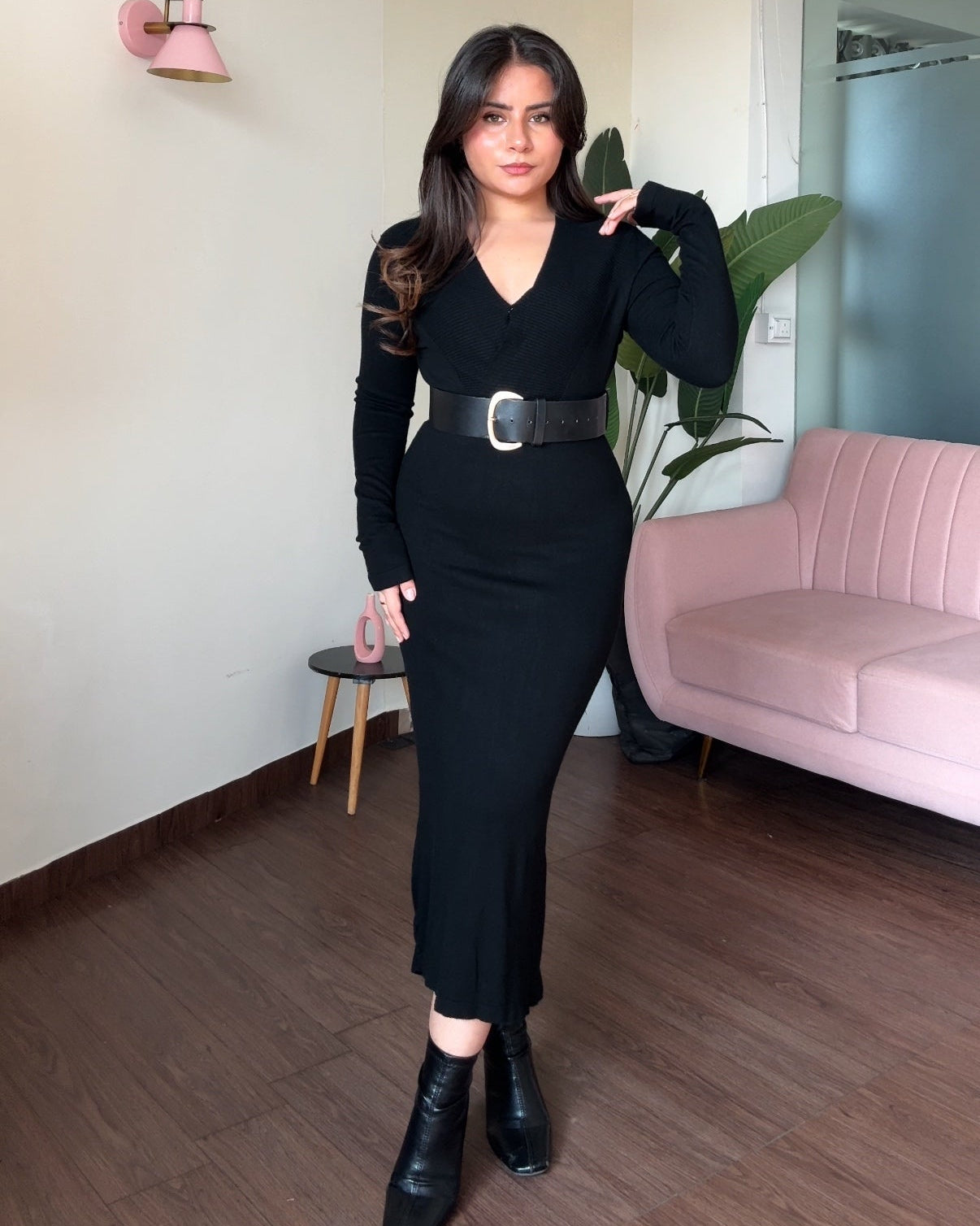 V Neck Woollen Bodycon Midi Sweater Dress