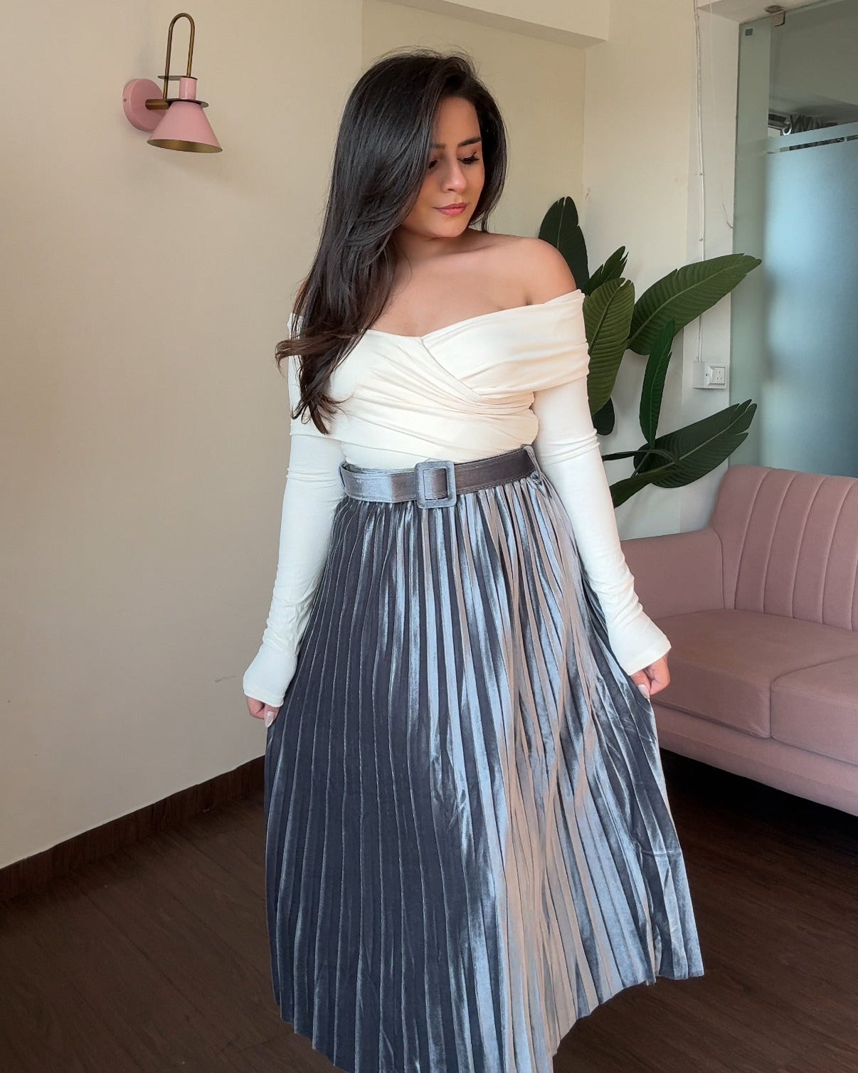 Velvet Pleated Midi Skirt With Belt