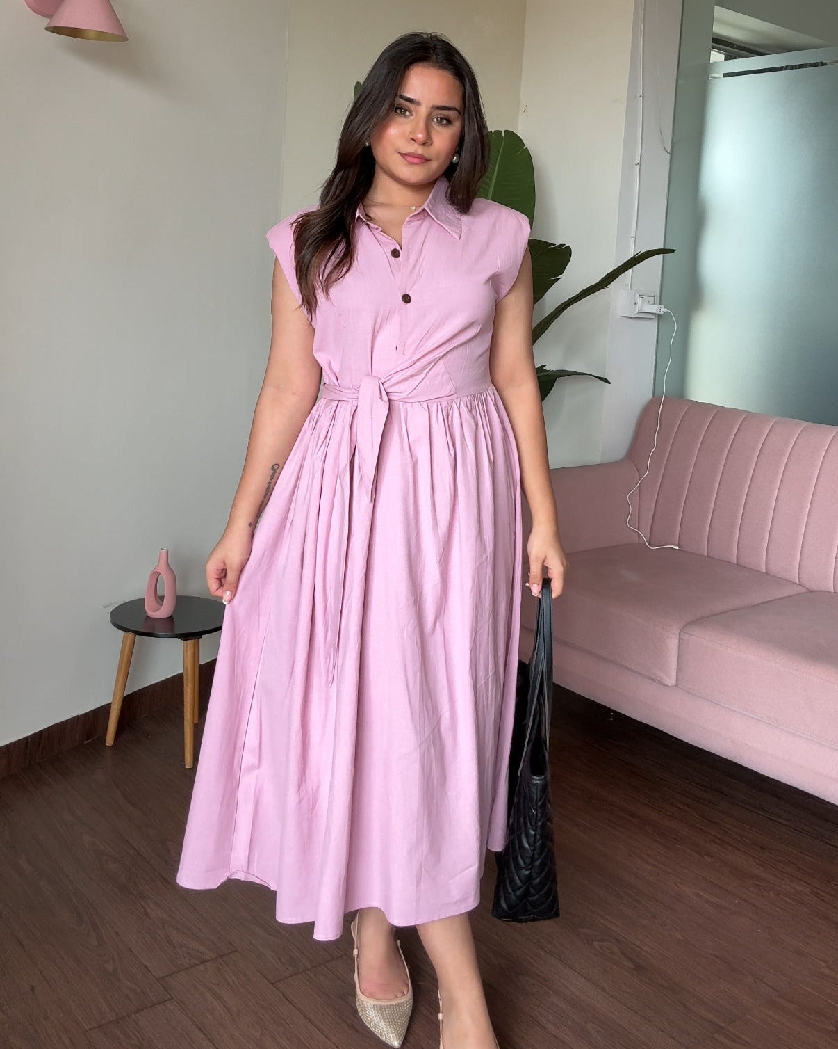 Waist Tie Up Buttoned Shirt Dress