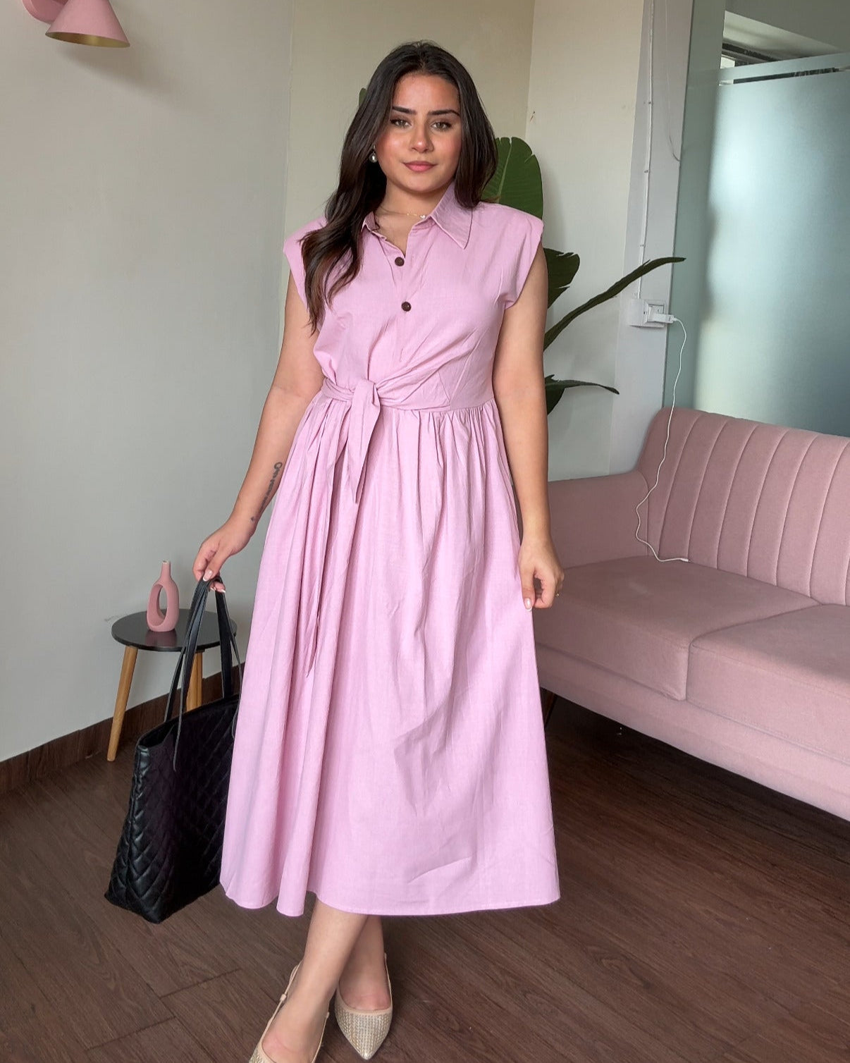 Waist Tie Up Buttoned Shirt Dress
