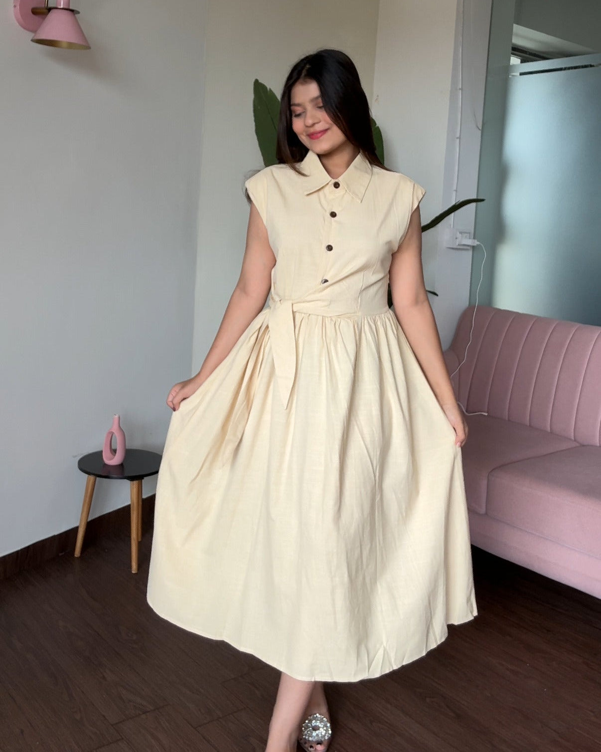 Waist Tie Up Buttoned Shirt Dress