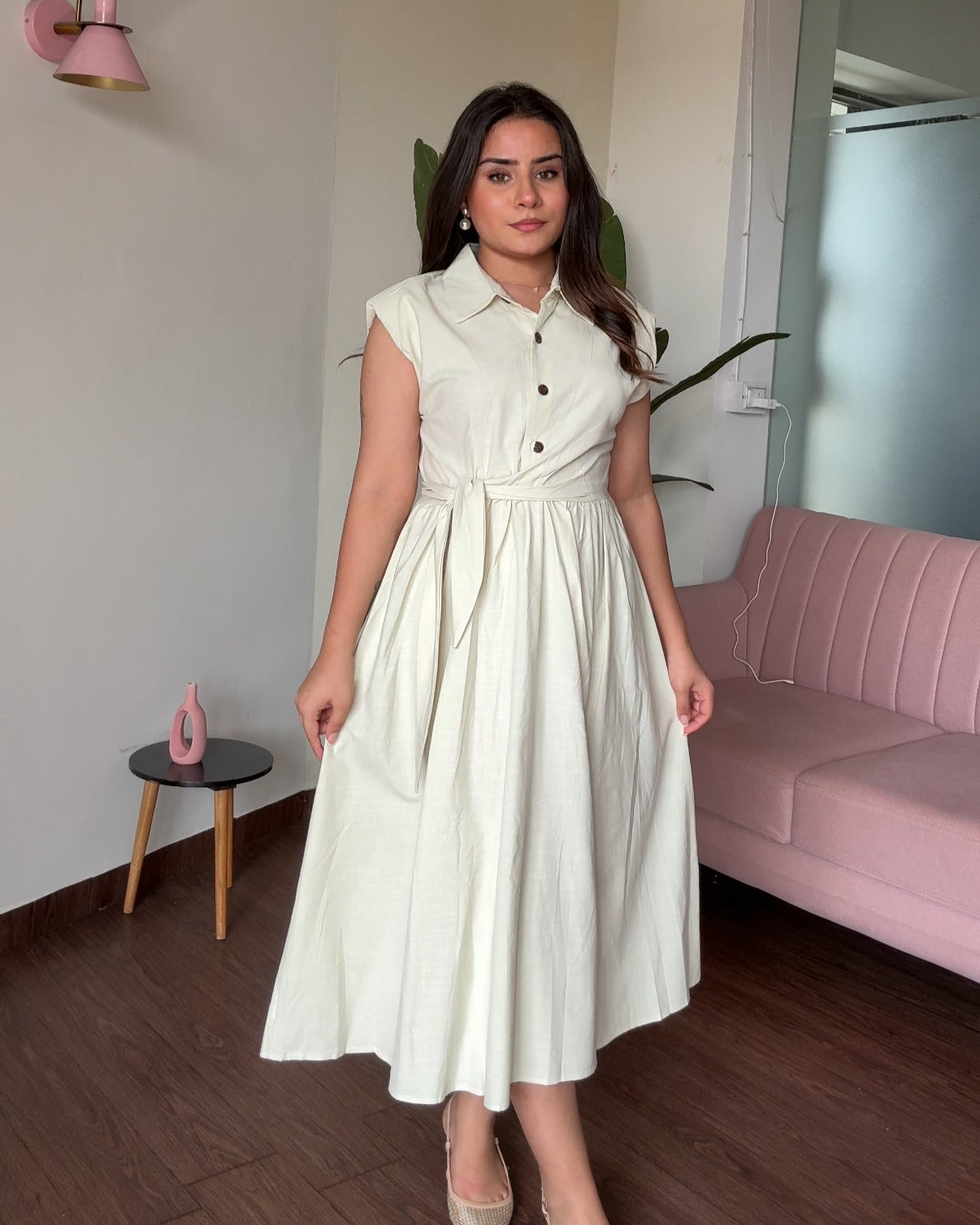 Waist Tie Up Buttoned Shirt Dress