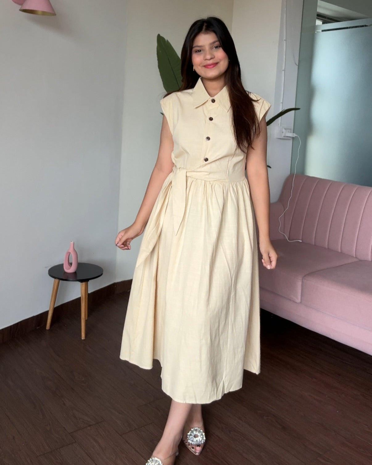 Waist Tie Up Buttoned Shirt Dress