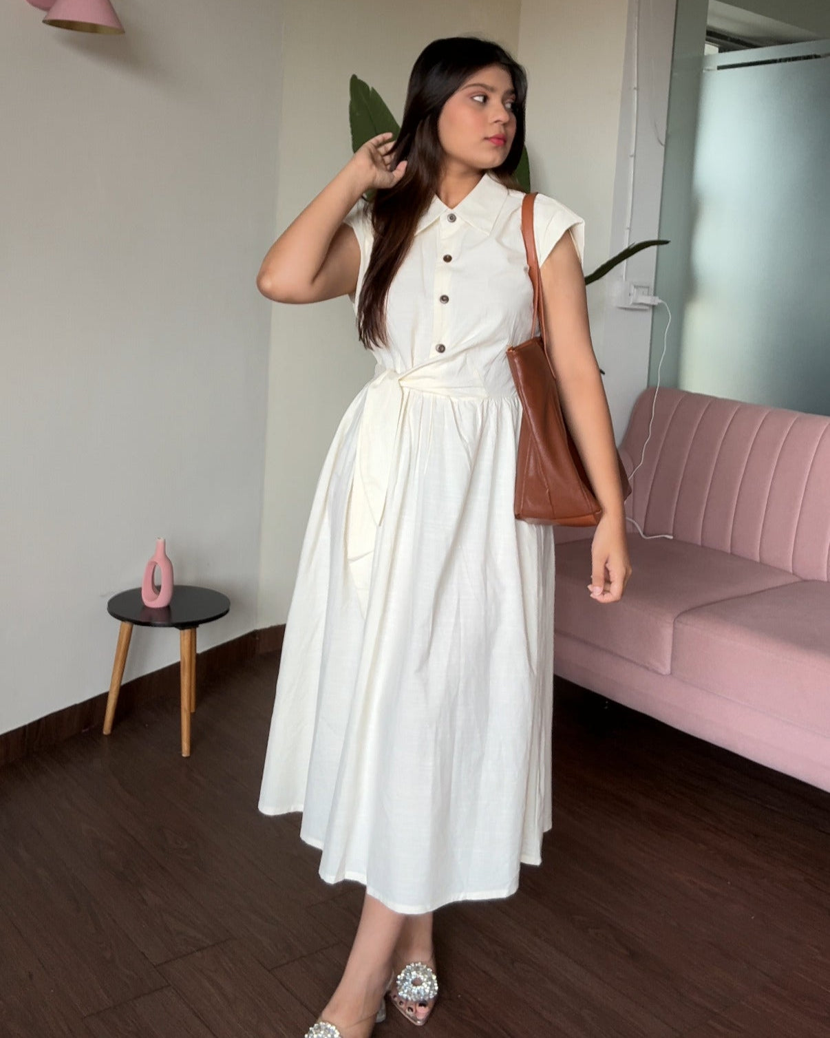 Waist Tie Up Buttoned Shirt Dress