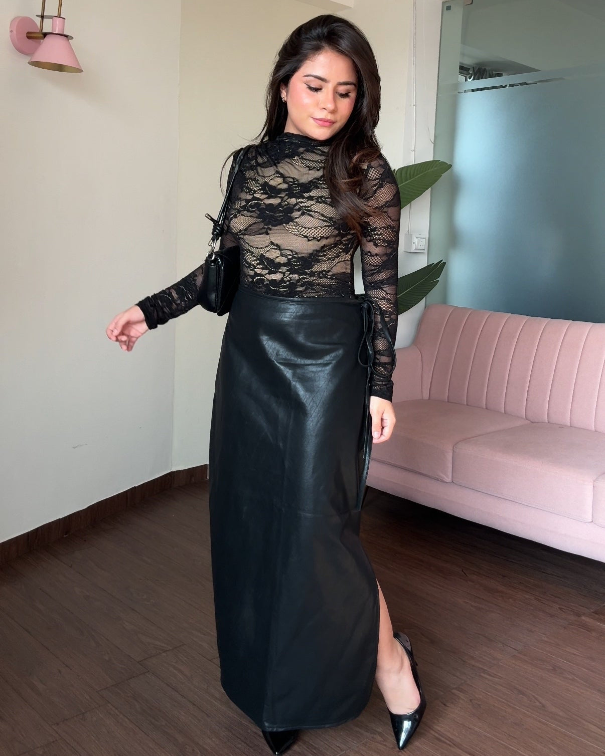 Waist Tie Up Leather Midi Skirt